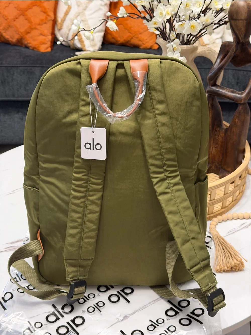 ALO Yoga Olive Green Backpack with Tan Pocket Accent